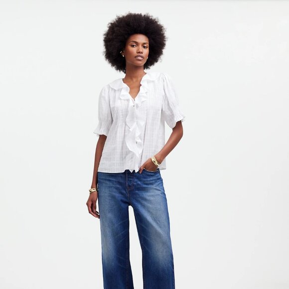 Madewell Tops - Madewell Ruffle Puff-Sleeve Peplum Top in Windowpane - in White